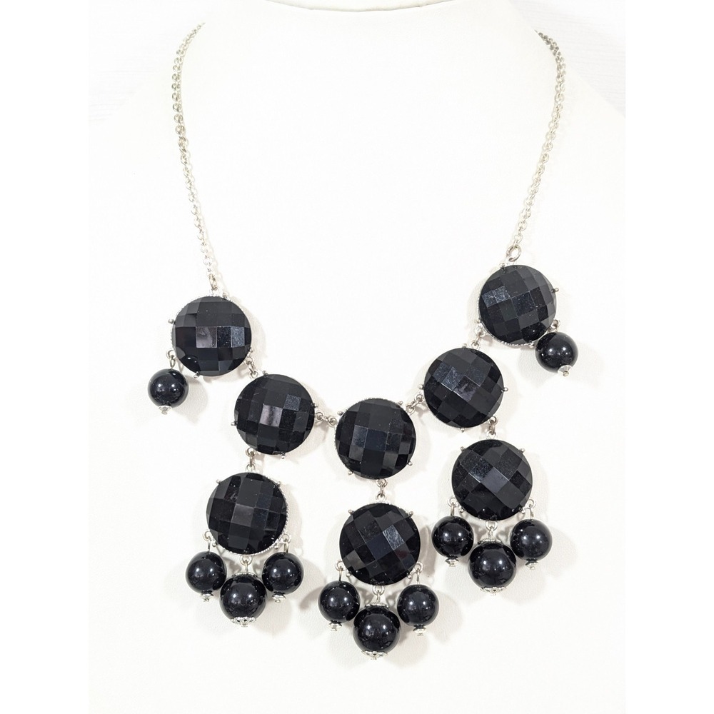 Black Faceted Cabochon Charm Bubble Statement Necklace Silver Tone Bold 23 in